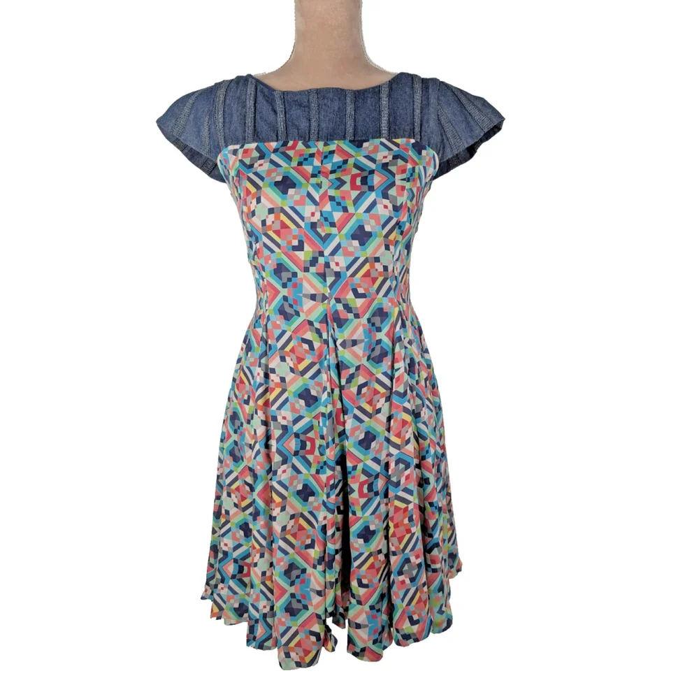 Anthropologie Eva Franco Midi Dress Mixed Media Denim Silk Sz 4 6 Geometric - Picture 1 of 12